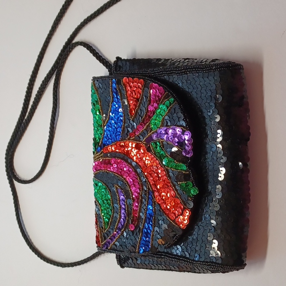 Evening bag Sequins multi color black with long black rope strap vintage bag
